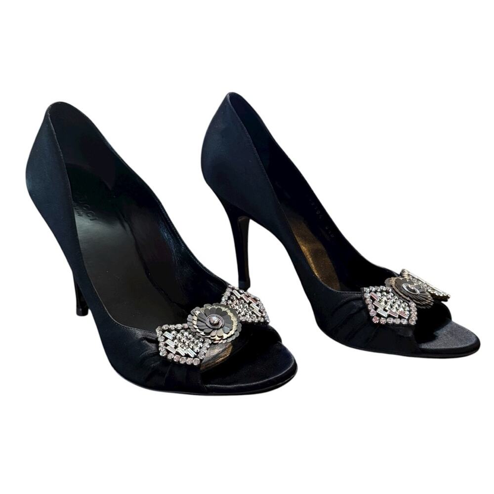 Gucci Black Satin Crystal Bow Embellished Peep-toe Classic Pumps Size 8.5